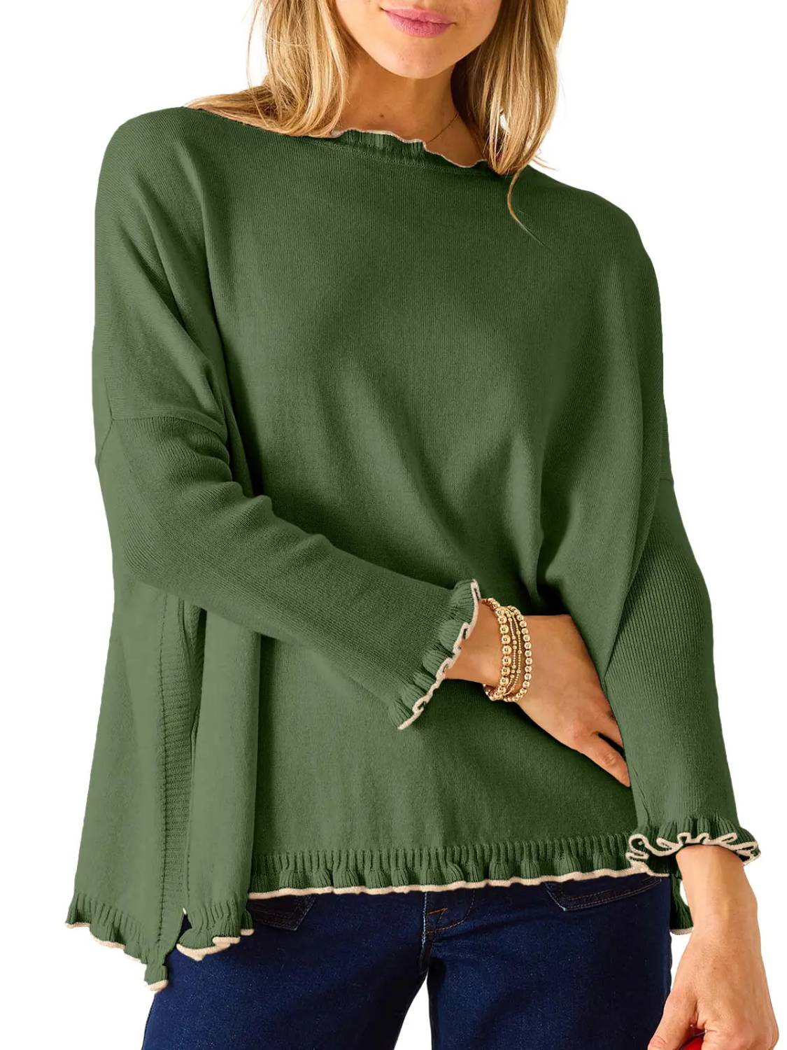 Women's Long Sleeve Contrast Color Ruffle Hem Knit Top
