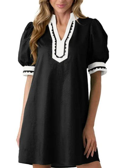 ⏰Hot Sale-Women's Floral Print V Neck Ricrac Trim Puff Sleeve Dress
