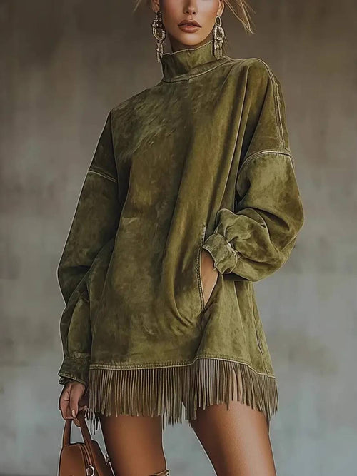 Limited time sale🔥Women's High Neck Oversized Fringe Sweatshirt Dress with Side Pockets