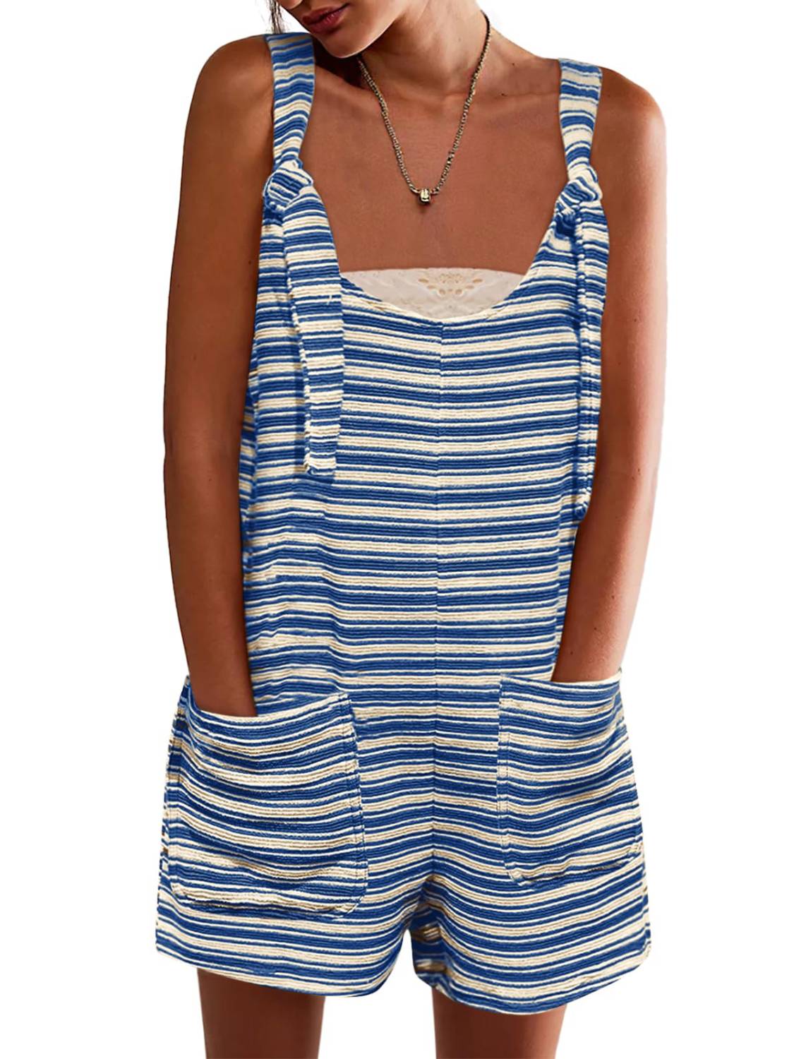 Womens Casual Loose Striped Tied Shorts Overalls Jumpsuit with Pockets