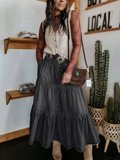 Women's Thick Chic High-Waisted A-Line Cowboy Denim Skirt