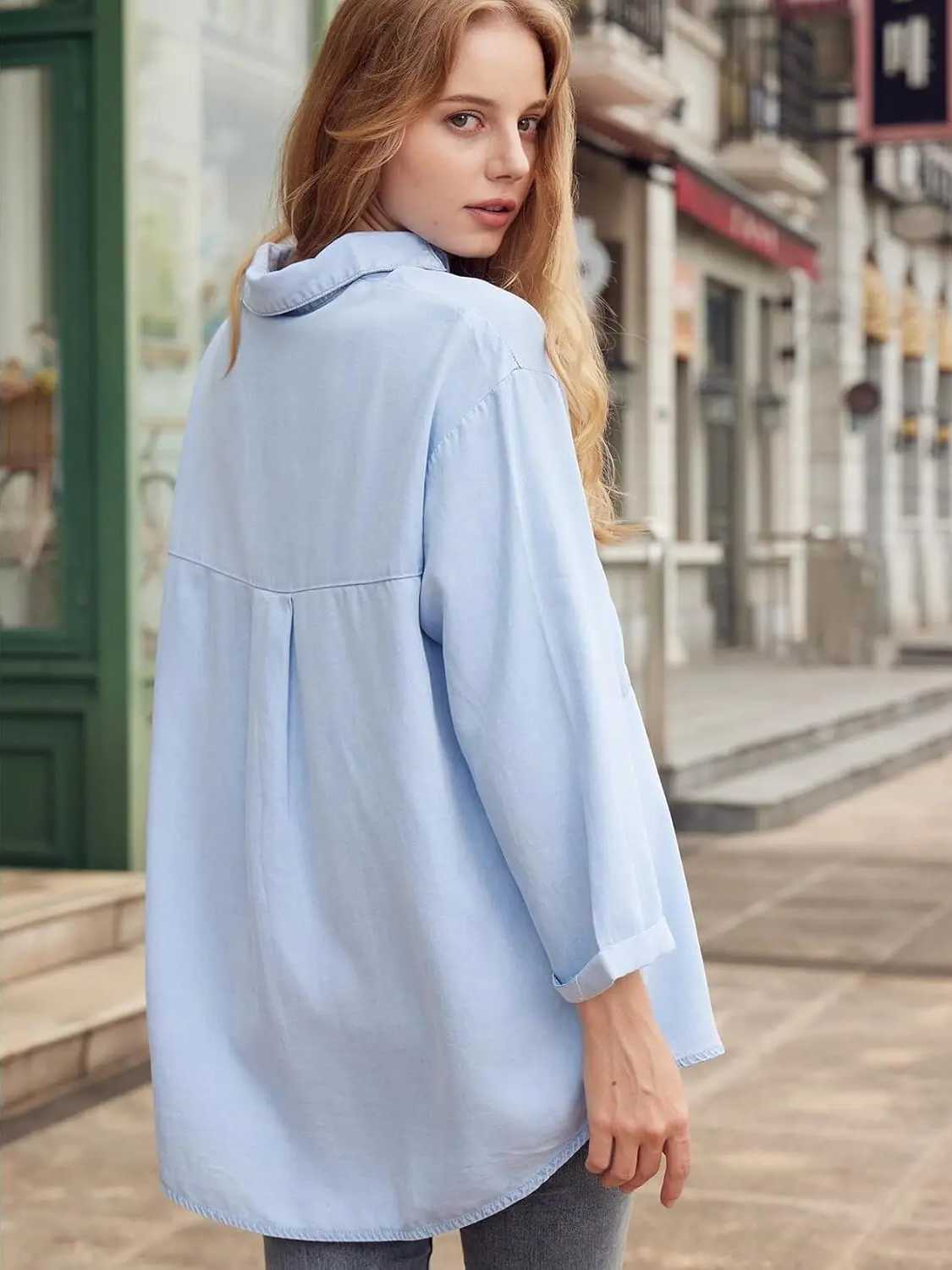 Womens Button Down Jean Shirts Denim Tencel 3/4 Sleeve Tops