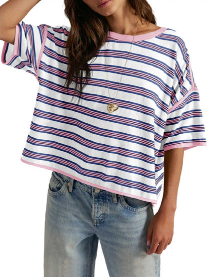 ⏰Hot Sale-Womens Oversized Striped T-Shirts Summer Casual Color