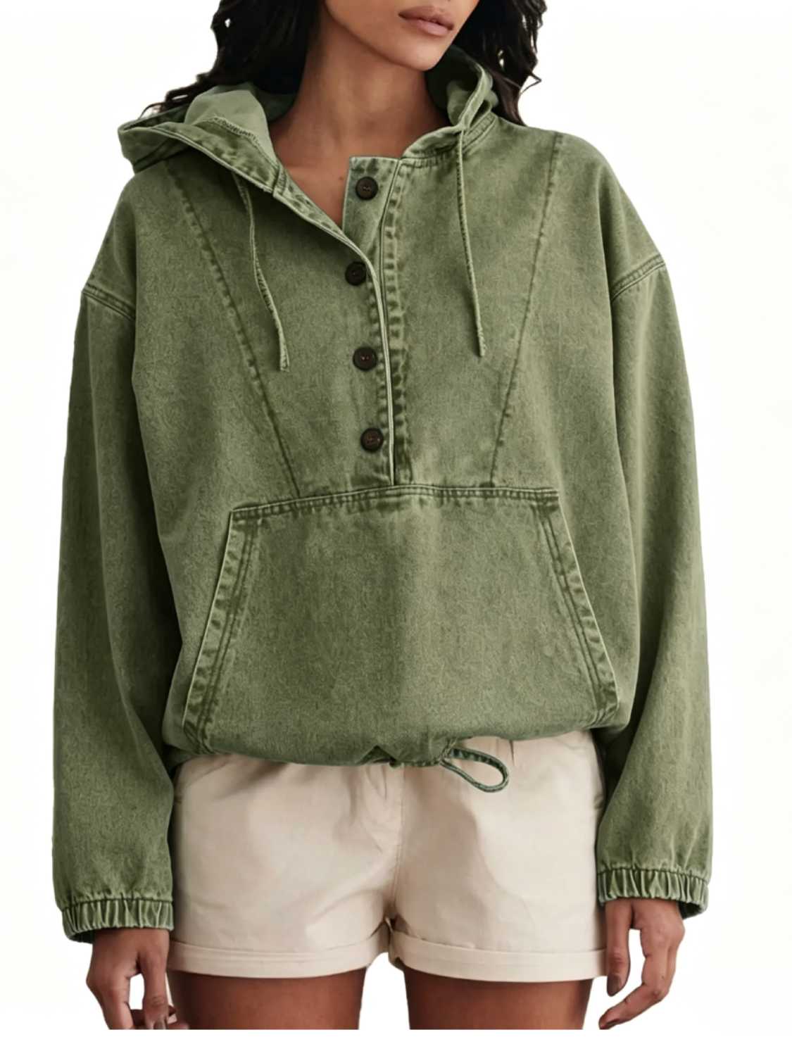 Women’s Lightweight Button Up Jean Pullover with Drawstring Hood