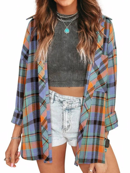 Women Casual Plaid Print Loose Vintage Button Up Cotton Long Sleeve Blouses Tops
