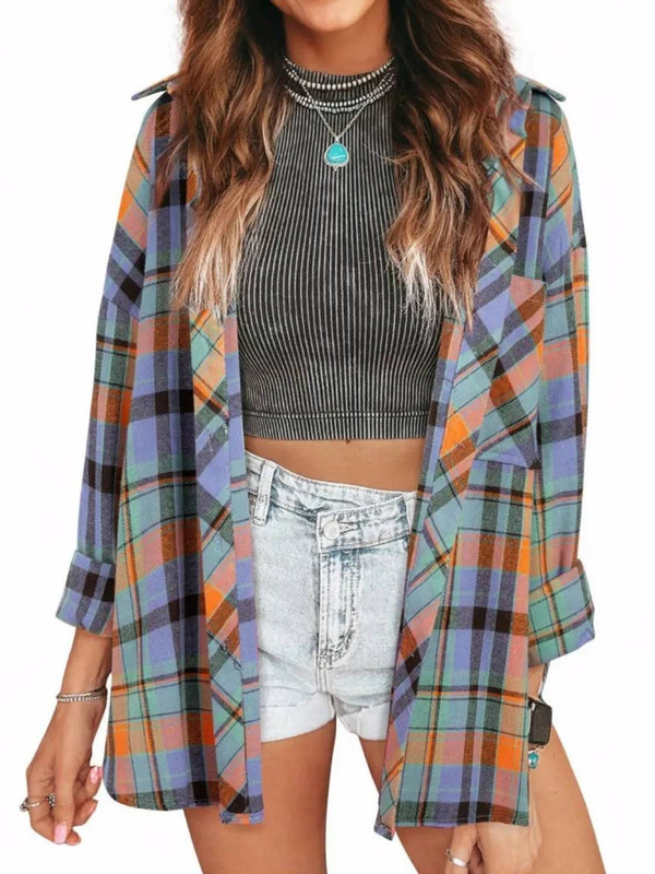 Women Casual Plaid Print Loose Vintage Button Up Cotton Long Sleeve Blouses Tops