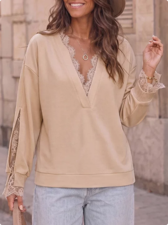 Women Deep V‑Neck Lace Patchwork Loose Long Sleeve Pullover Top