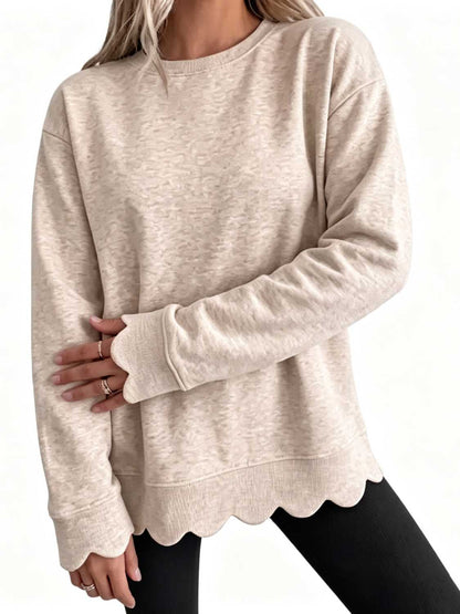 Women's Crew Neck Wavy Scallop Oversized Sweatshirt