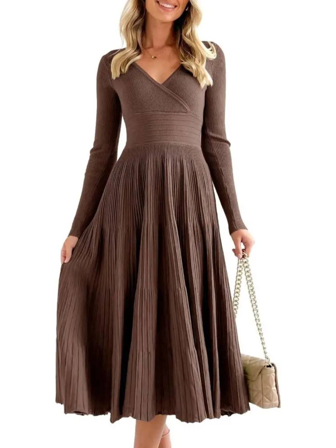 Womens Longsleeve Wrap V-Neck A-Line Sweater Dress
