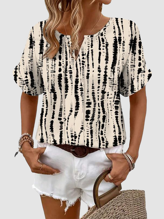 Split Notch V-Neck Rolled Cuff Short Sleeve Loose Casual Blouse Top