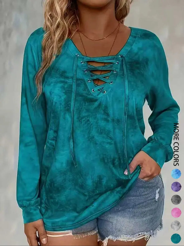 Women Tie Dye Lace Up Long Sleeve Top