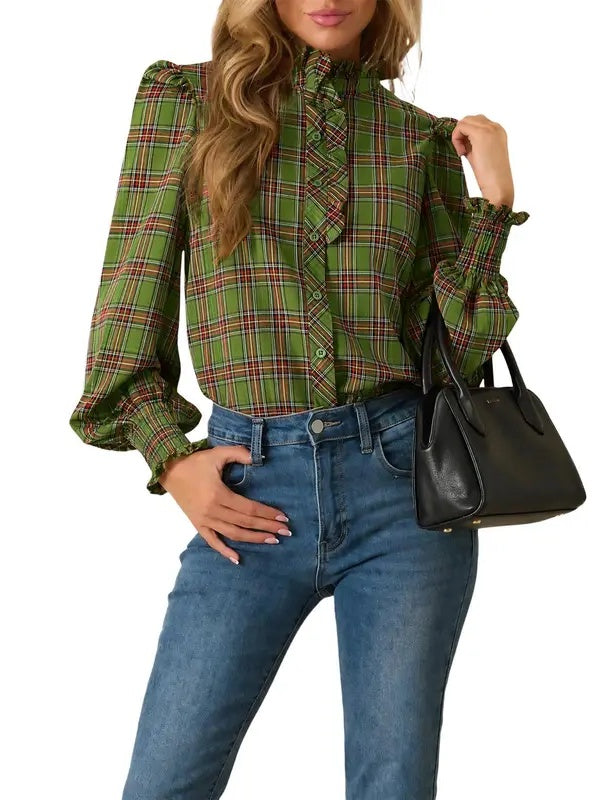 Women's Plaid Ruffle Neck Long Sleeve Blouse