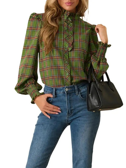 Women's Plaid Ruffle Neck Long Sleeve Blouse