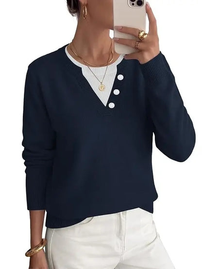 Women's Faux Layer V Neck Knit Sweater