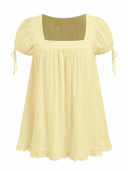 Sweet square neckline, ruffled chest, puff sleeves, adjustable silhouette, casual long shirt