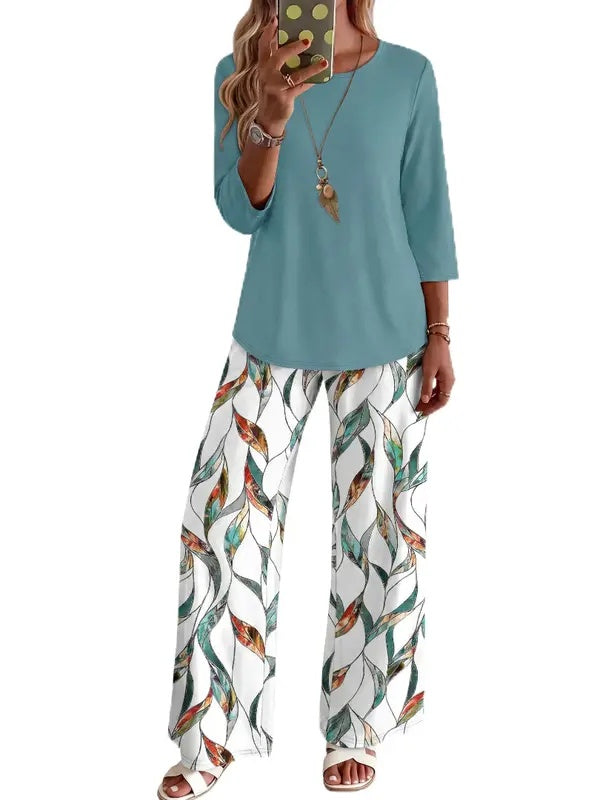 Women 3/4 Sleeve Solid Top & Graphic Print Wide Leg Pants