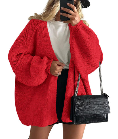 Oversized Lantern Sleeve Open Front Knit Cardigan