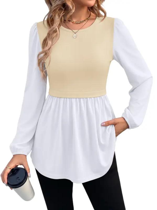 Women Crew Neck Babydoll Peplum Long Sleeve Tunic Blouse