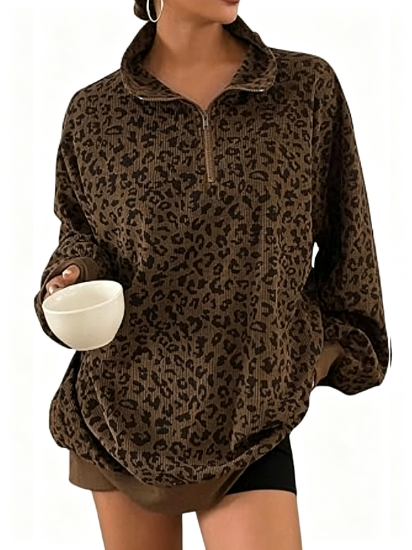 ⏰Hot Sale-Women Half Zip Leopard Print Oversized Drop Shoulder Pullover