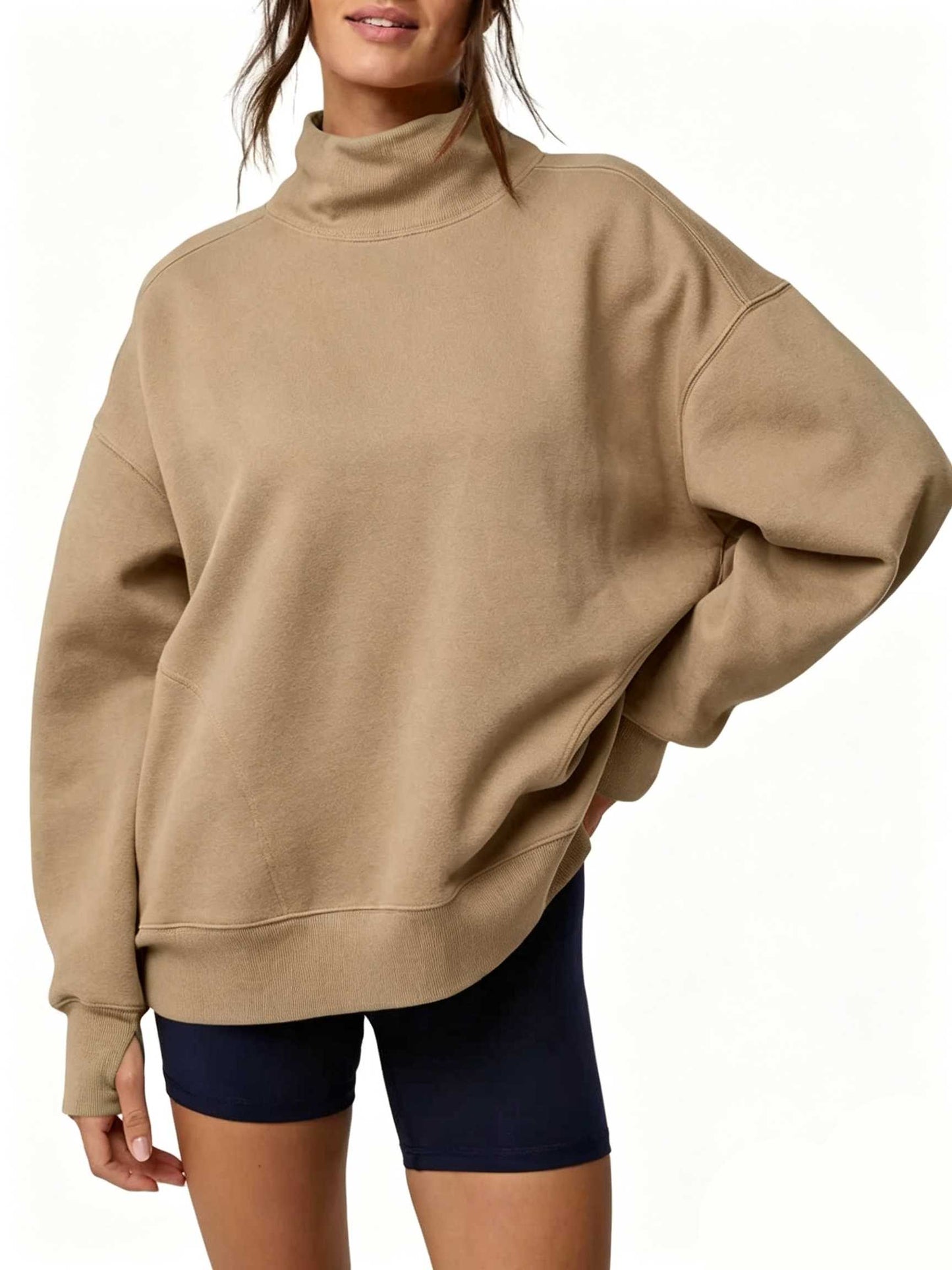 Women's Oversized Mock Neck Sweatshirt with Thumbholes
