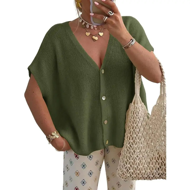Women's Loose-fitting Knit Cardigan - Batwing Short Sleeves, Lightweight Button-down V-neck