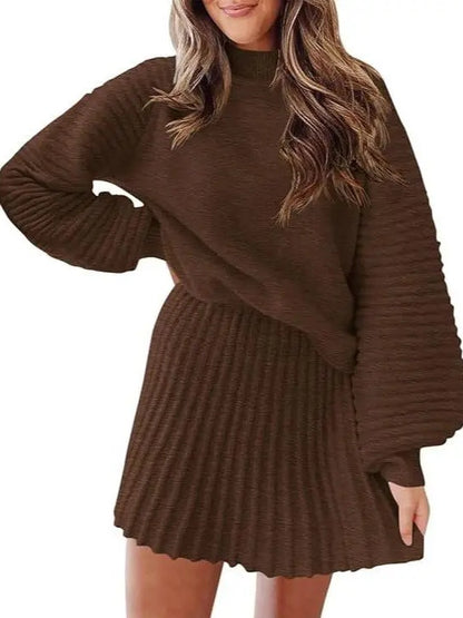 Women Mock Neck Ribbed Sweater & A-line Skirt 2 Piece Set