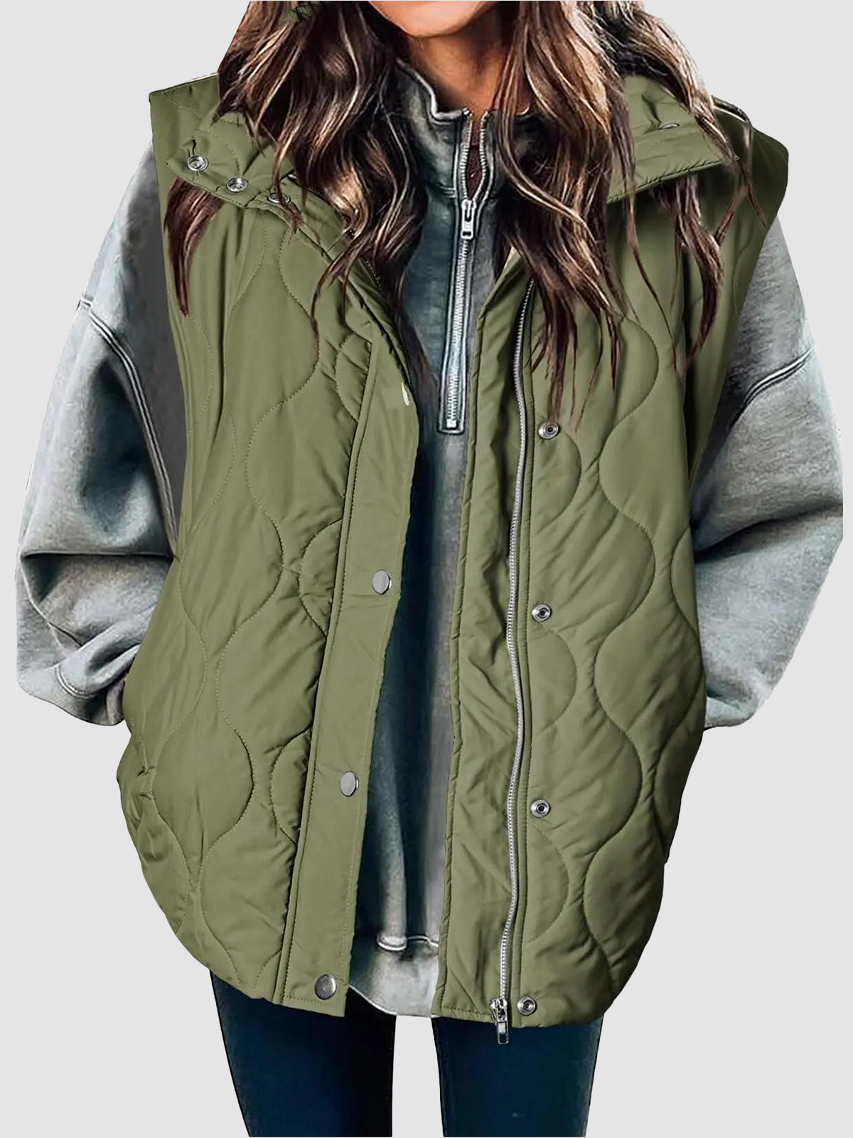 Quilted Zip Button Sleeveless Puffer Vest
