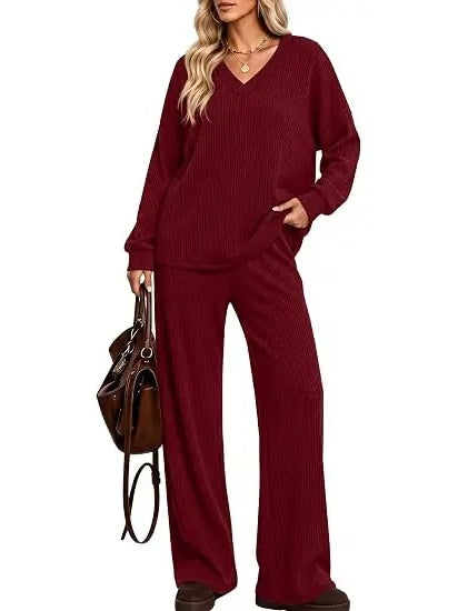 Leopard Trim / Solid Plain Coordinating Top & Pants Outfit
