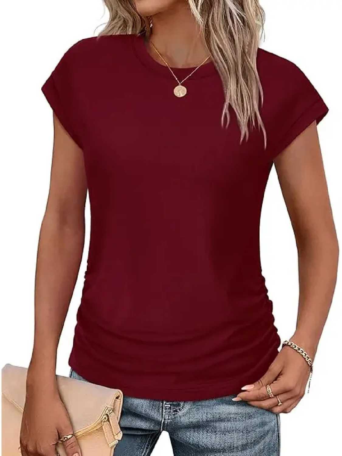Womens Crew Neck Ruched Cap Short Sleeve Tshirts Shirts