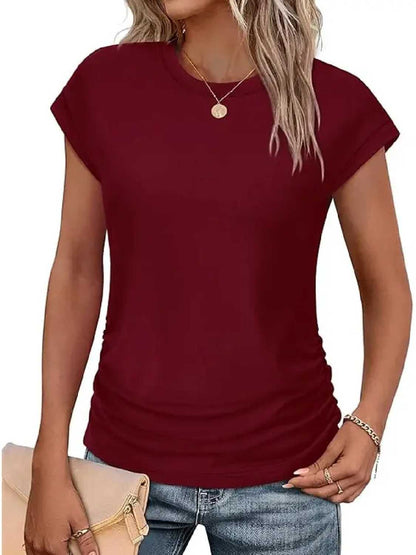 Womens Crew Neck Ruched Cap Short Sleeve Tshirts Shirts