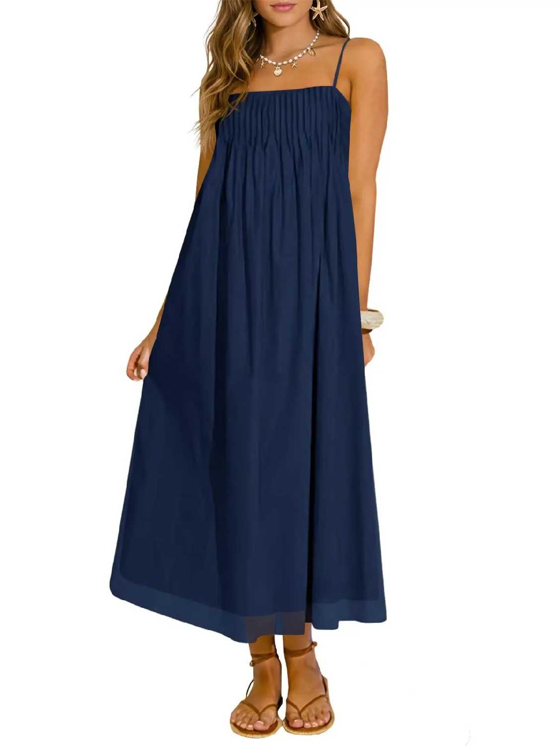 Women's Spaghetti Straps Chiffon Casual Long Dress with Pockets