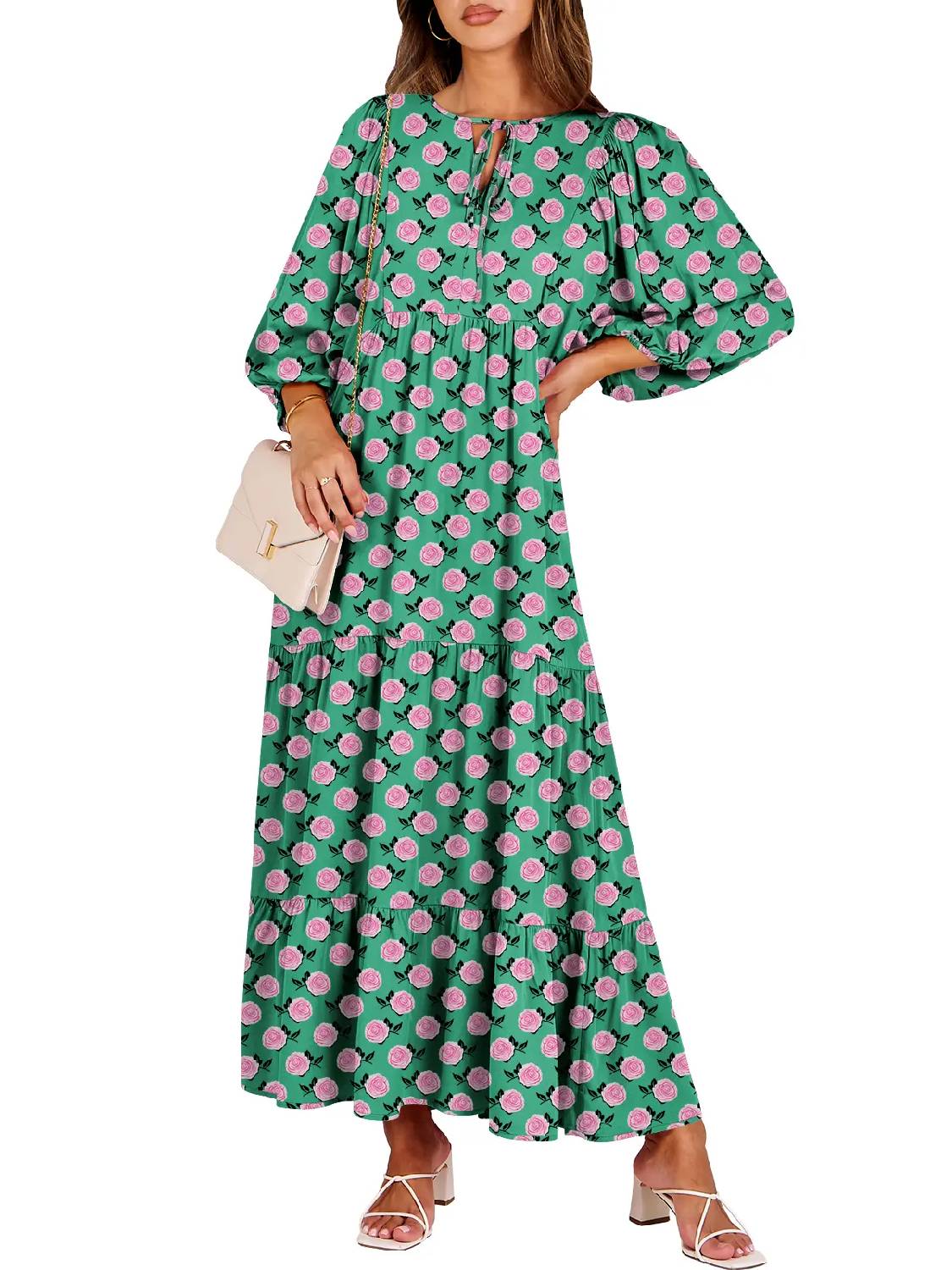 ⏰Hot Sale-Women's Puff Sleeve Floral Boho Maxi Dress