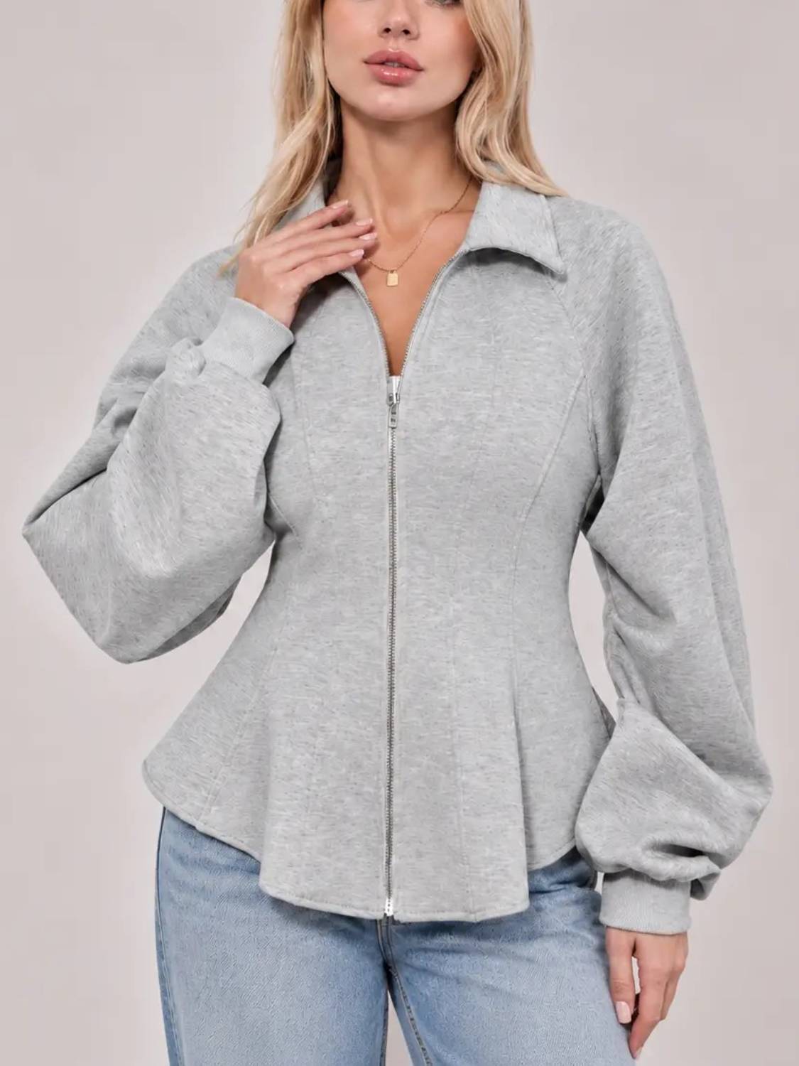 Women's Zip Up Ruched Sleeve Peplum Hem Jacket