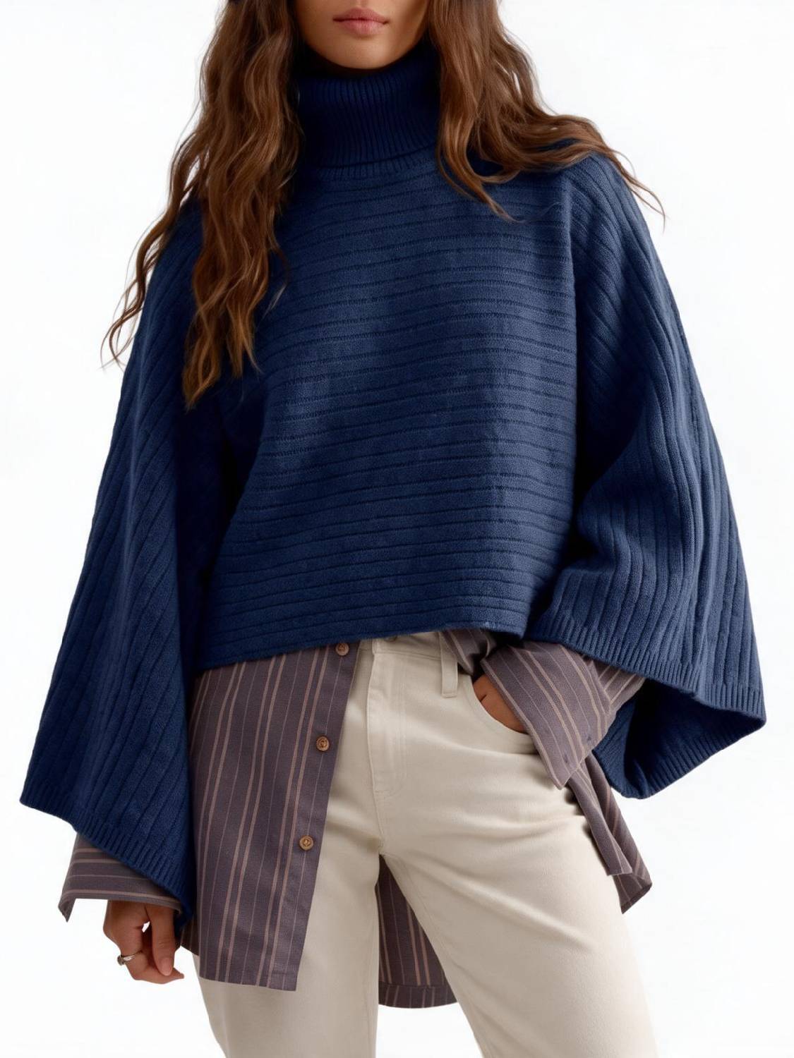 Women Turtleneck Funnel-Neck Poncho Soft Chunky Ribbed Knit Sweater