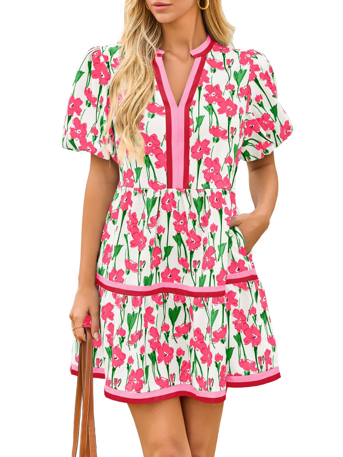 Womens V Neck Short Puff Sleeve Patchwork Floral Mini Dress