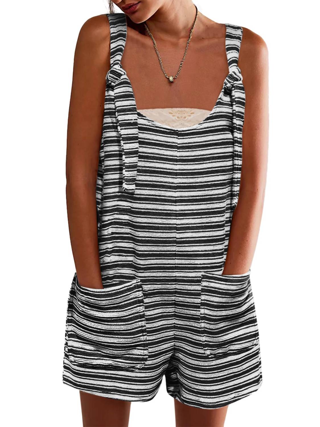 Womens Casual Loose Striped Tied Shorts Overalls Jumpsuit with Pockets