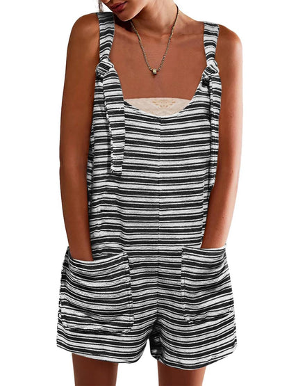 Womens Casual Loose Striped Tied Shorts Overalls Jumpsuit with Pockets