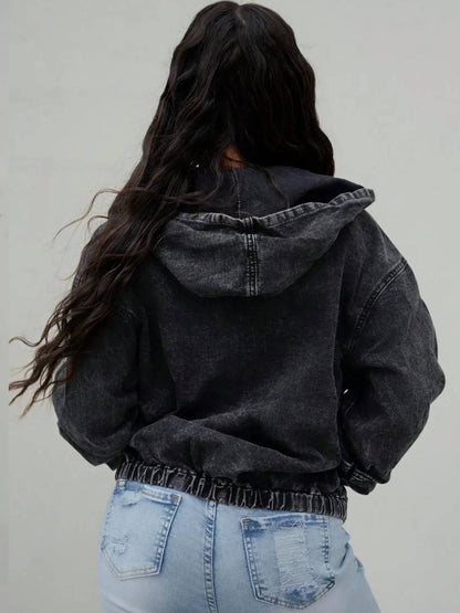 Women's Vintage Washed-Black Hooded Denim Jacket