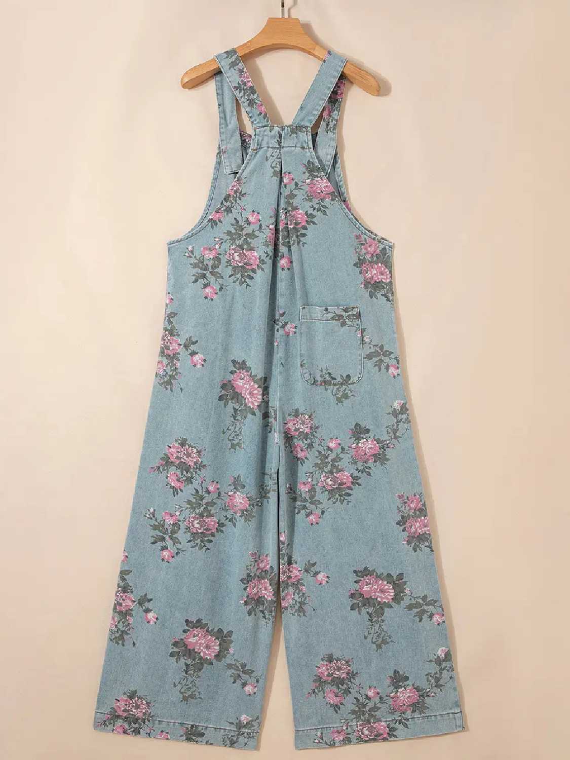 Women's Floral Print Trendy High Waist Wide Leg Denim Jumpsuit
