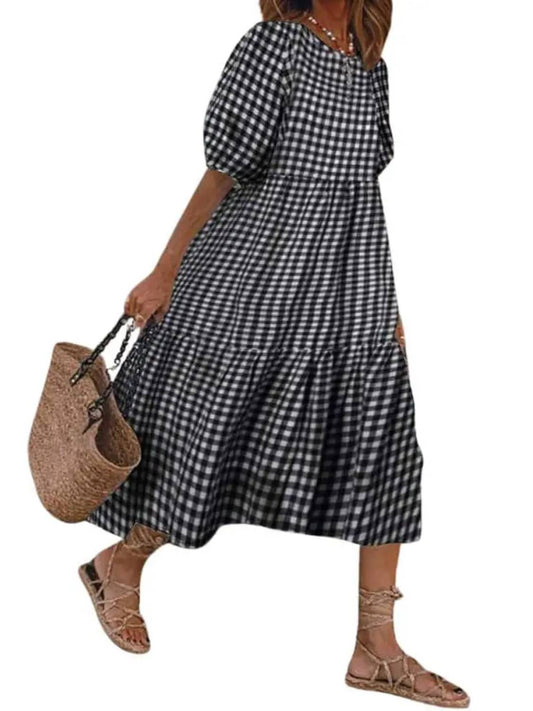 ⏰Hot Sale-Women's Retro Lantern Puff Sleeve Plaid Tiered Dress