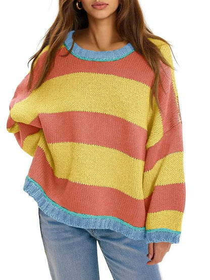 Womens Oversized Color Block Crewneck Knitted Sweaters Tops
