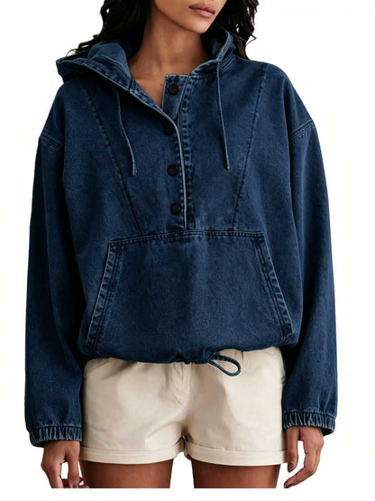 Women’s Lightweight Button Up Jean Pullover with Drawstring Hood