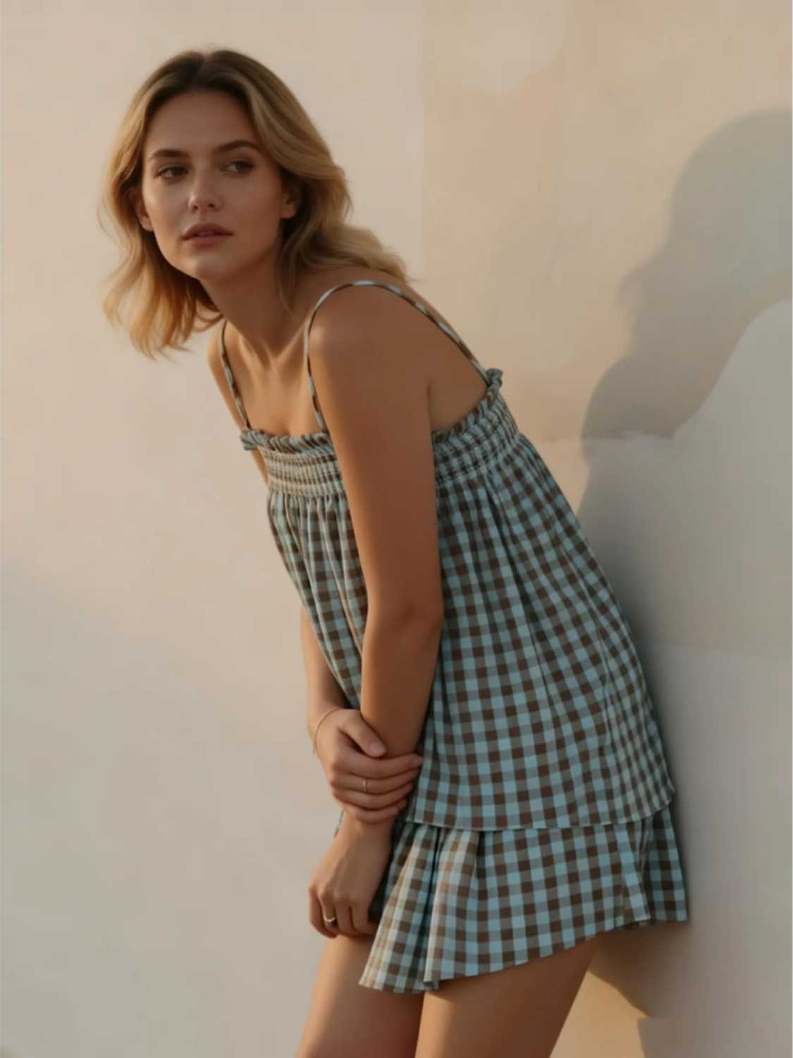 Women's Sleeveless Plaid Cami Tank Tops Wide Leg Shorts Sets