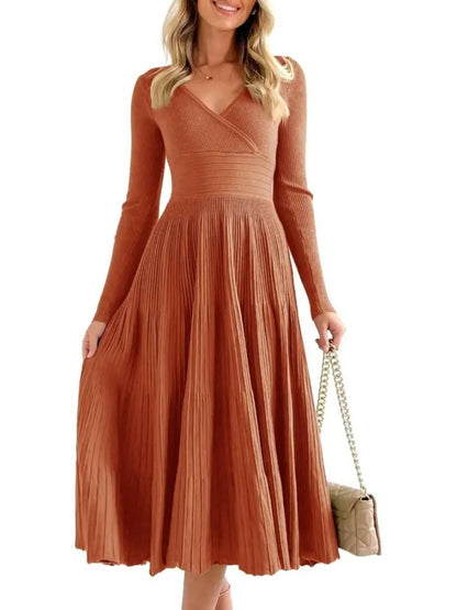 Womens Longsleeve Wrap V-Neck A-Line Sweater Dress