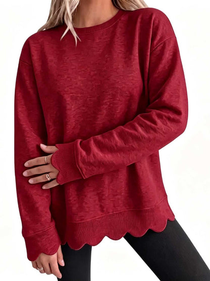 Women's Crew Neck Wavy Scallop Oversized Sweatshirt