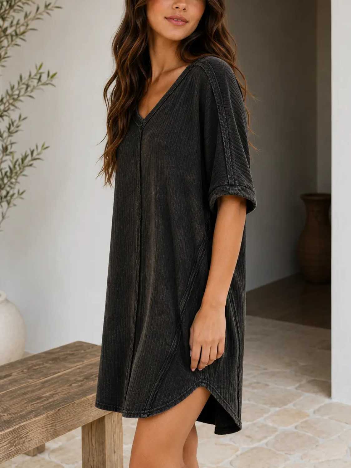 Women's Casual Ribbed Acid Washed Dress