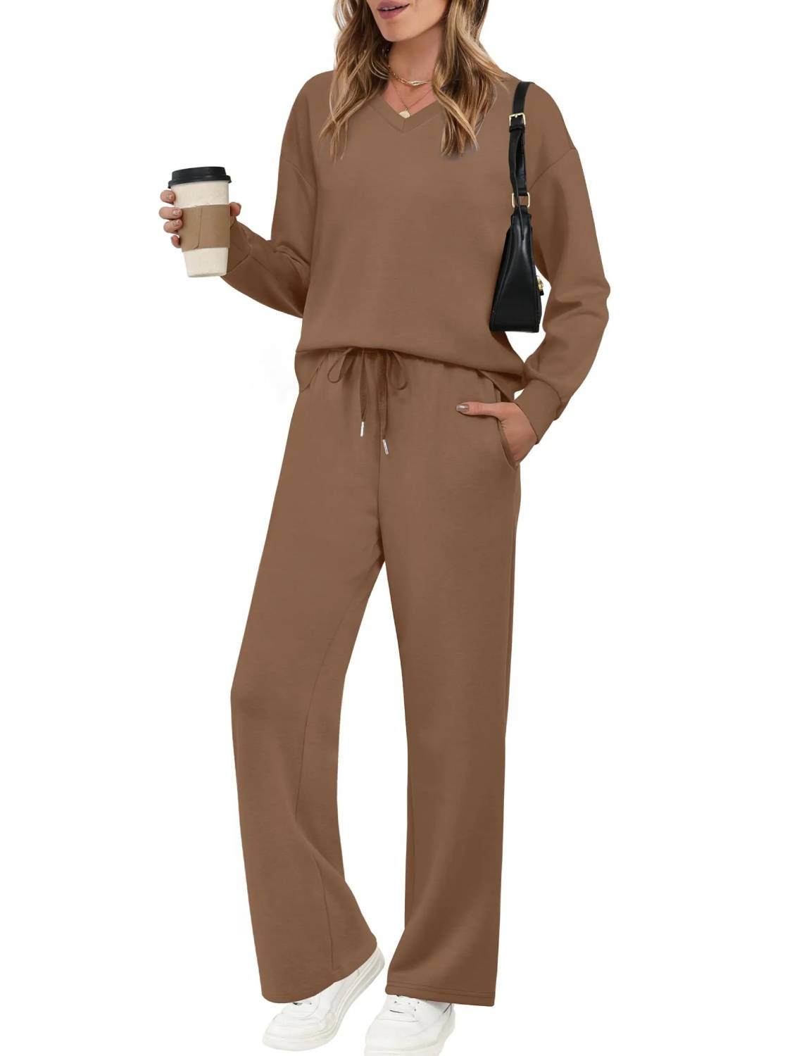 Women V Neck Airport Wide Leg Pants 2 Piece Sets