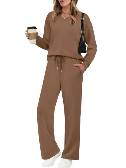 Women V Neck Airport Wide Leg Pants 2 Piece Sets