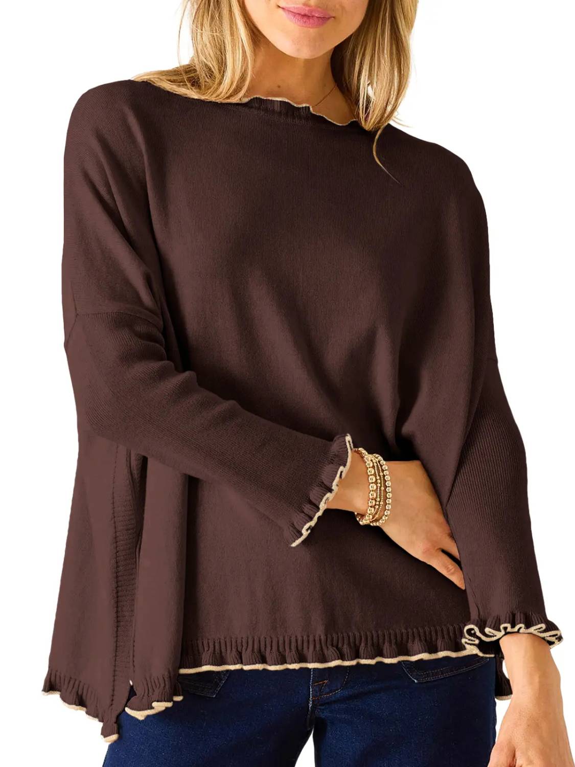 Women's Long Sleeve Contrast Color Ruffle Hem Knit Top