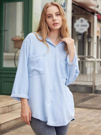 Womens Button Down Jean Shirts Denim Tencel 3/4 Sleeve Tops